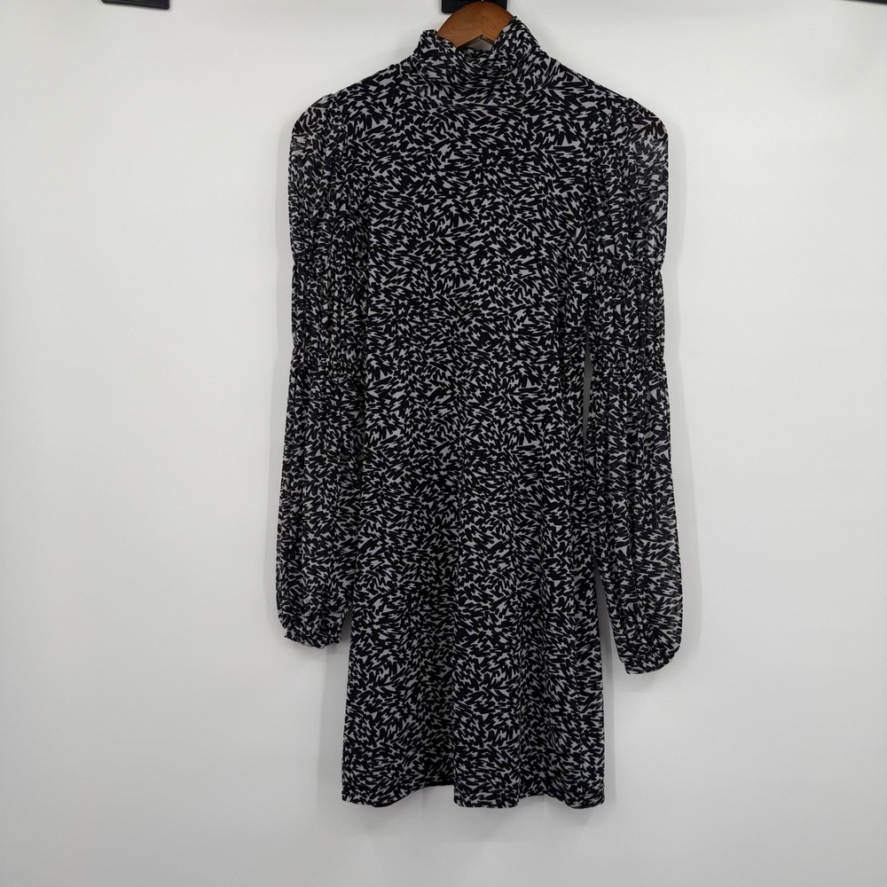 Ted Baker London Dress Womens US 4 Black White Abstract Print Mock Neck Smocked